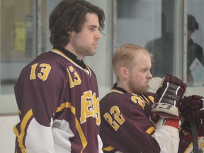 Aiden Bailey (left) and Connor Manderson stand for the anthem at the start of the Westport-Athens game at Centre 76 Tuesday night. Manderson scored the game-winner late in the first period, and Bailey chipped in with a goal and an assist in the Aeros' 7-1 victory.
Tim Ruhnke/The Recorder and Times