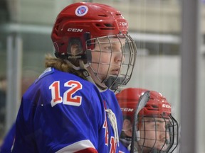 South Grenville defencemen Hunter Shipclark (left) and Adam Chouinard watch the play during the Jr. C Rangers-Lions playoff opener in Cardinal Saturday night. Shipclark scored the winning goal in the 8-1 victory, but Morrisburg evened the series Sunday afternoon.
Tim Ruhnke/The Recorder and Times
