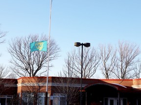 The Sherwood Park Manor flag flies at half-mast on Feb. 24. 2022. (FILE PHOTO)