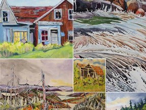 Works shown from top left, clockwise: Northbrook Oldie by Audrey Bain; Ashuanipi, Labrador by Alan Bain; Algonquin Evening by Audrey Bain; Fall on Antrim Burn by Alan Bain; (centre) Erinsville Barn by Audrey Bain. (SUBMITTED PHOTO)