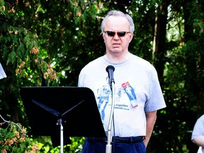 Gary Carroll singing the national anthem to kick-off the Dresden Terry Fox Run is a long-time tradition. He is seen here in this file photo singing the anthem before the 16th annual Dresden Terry Fox Run, held Sept. 18, 2012.