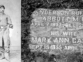 A photograph of Dr. Anderson Abbott, as well as he and his wife's gravestone in a Toronto cemetery.