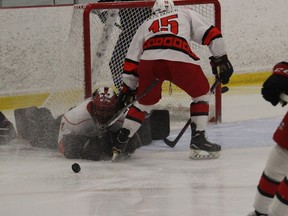 A loose puck in front of a sprawled Maxville goalie Bryce Luker. Photo on Sunday, February 6, 2022, in Cornwall, Ontario. Todd Hambleton/Standard-Freeholder/Postmedia Network