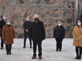 Officials gathered after the increased funding announcement for Williamstown Public School's expansion project. Pictured from left to right: Ward 9 Trustee John Danaher, Superintendent Susan Rutters, Director of Education Ron Ferguson, SDSG MPP Jim McDonell, Vice Principal Kimberly Swerdfeger, and Principal Adele Perry on Monday February 7, 2022 in Cornwall, Ont. Shawna O'Neill/Cornwall Standard-Freeholder/Postmedia Network