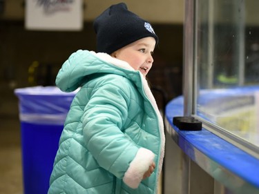 That's Henslie Trudeau, watching the game and ready with her pucks during the Cornwall Colts game against the Brockville Braves on Monday February 21, 2022 in Cornwall, Ont. The Colts lost 4-2. Robert Lefebvre/Special to the Cornwall Standard-Freeholder/Postmedia Network