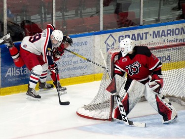 Kemptville 73's goaltender Tyler Laureault keeps an eye on Cornwall Colts Ben Lapier and a teammate during play on Thursday February 17, 2022 in Cornwall, Ont. The Colts lost 3-2. Robert Lefebvre/Special to the Cornwall Standard-Freeholder/Postmedia Network