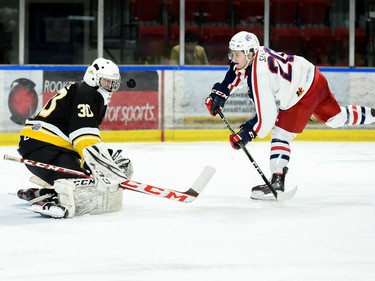 Cornwall Colts Aaron Shaw lines up a shot against Smiths Falls Bears goaltender Dalton McBride during play on Thursday February 24, 2022 in Cornwall, Ont. The Colts lost 6-3. Robert Lefebvre/Special to the Cornwall Standard-Freeholder/Postmedia Network