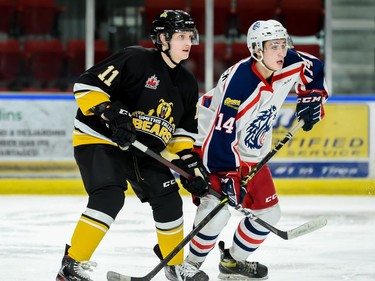Cornwall Colts Kale MacCormick, right, and Smiths Falls Bears Isaac Barrett, during play on Thursday February 24, 2022 in Cornwall, Ont. The Colts lost 6-3. Robert Lefebvre/Special to the Cornwall Standard-Freeholder/Postmedia Network