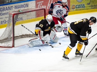 Smiths Falls Bears goaltender Will McEvoy keeps an eye on the rebound during play against the Cornwall Colts on Saturday February 12, 2022 in Cornwall, Ont. The Colts won 4-3. Robert Lefebvre/Special to the Cornwall Standard-Freeholder/Postmedia Network