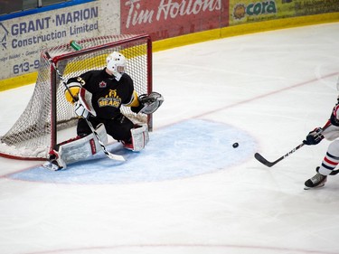 Cornwall Colts Aaron Shaw takes a shot on Smiths Falls Bears goaltender Will McEvoy that would be Cornwall's third goal, on Saturday February 12, 2022 in Cornwall, Ont. The Colts won 4-3. Robert Lefebvre/Special to the Cornwall Standard-Freeholder/Postmedia Network