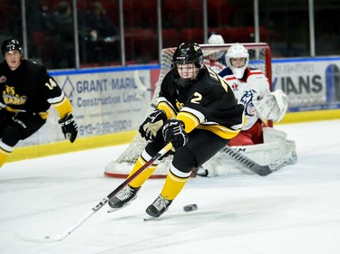 Smiths Falls Bears Conor Ronayne hops on the puck in the Cornwall Colts' end during play on Thursday February 24, 2022 in Cornwall, Ont. The Colts lost 6-3. Robert Lefebvre/Special to the Cornwall Standard-Freeholder/Postmedia Network