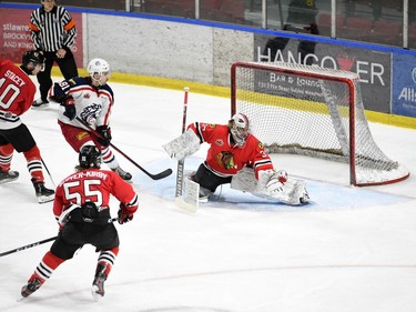 Brockville Braves goaltender Sami Molu eyes the puck going wide of his crease during play against the Cornwall Colts on Thursday February 3, 2022 in Cornwall, Ont. The Colts lost 5-2. Robert Lefebvre/Special to the Cornwall Standard-Freeholder/Postmedia Network