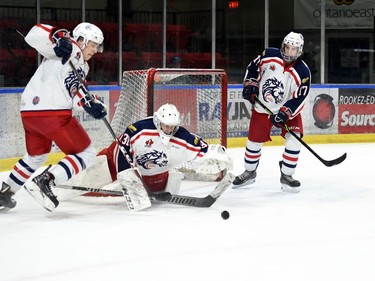 Cornwall Colts goaltender Emile Savoie reaches to smother a rebound during play against the Brockville Braves on Monday February 21, 2022 in Cornwall, Ont. The Colts lost 4-2. Robert Lefebvre/Special to the Cornwall Standard-Freeholder/Postmedia Network