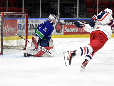 Cornwall Colts Tristan Miron (No. 10) gets a shot in on Hawkesbury Hawks goaltender Matthew Tovell during play on Thursday February 10, 2022 in Cornwall, Ont. The Colts lost 6-2. Robert Lefebvre/Special to the Cornwall Standard-Freeholder/Postmedia Network