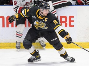 Sarnia Sting captain Nolan Dillingham plays against the Guelph Storm at Progressive Auto Sales Arena in Sarnia, Ont., on Wednesday, Feb. 9, 2022. (Photo courtesy of Metcalfe Photography)