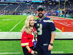 Carolyn Wood, left, and Ryan Blair on the sidelines at the 2022 Pro Bowl in Las Vegas on Feb. 6.