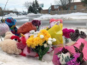 Flowers, teddy bears and balloons are seen across Lancaster Drive from Mother Teresa Catholic School in memory of Xóchitl Azul Rivera, 10, who died Jan. 31 in Kingston after being struck by a pickup truck earlier that day.