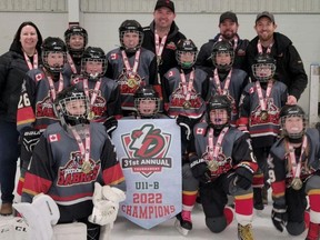 The South Huron U11 B Sabres won gold at the recent London Devilettes 31st annual tournament. Front from left are Lily Smale, Brianna Leppington, Addison Mattucci and Halle Reschke; second row from left are Brooklyn Dickins, Charlotte Cole, Lyla Hern, Colbie Becker, Lauren Hartman and Ridley Kerslake; back from left are trainer Jacquee Leppington, Erin Farquhar and coaches Kevin Dickins, Dave Farquhar and Dave Reschke. Handout