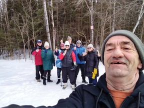 Selfie by Dennis Lendrum
Dennis Lendrum (up front) is with a group of B C Hikers: Ray Dubreuil, Joanne Dubreuil, Jacqueline Rivet, Kathy Carre, Gabe Rivet, Mike Carre and Helen Landry. They all have lollipops, which are placed along the trail for young and old hikers to enjoy.