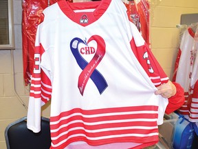 Photo by KEVIN McSHEFFREY/THE STANDARD
This is a sample of the jerseys that will be auction off during Saturday afternoon’s hockey game between the Red Wings and the Kirkland Lake Gold Miners. The game is a fundraiser for the North Shore Cruisers Sick Kids Fund.