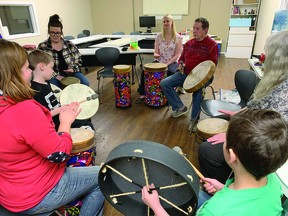Gord Orchard led a free community drum circle session Thursday evening at the Nanton Quality of Life Foundation (NQLF). Two more drum circle sessions are scheduled to take place in the next couple of months, one on March 10 and another on April 14. All drums and percussion instruments are provided. For more information or to register, call the NQLF at 403-646-2436. STEPHEN TIPPER