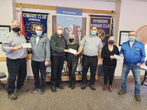 The Kiwanis Club of Pembroke handed out more than $36,000 in donations to local organizations, which was money left over from the 2021 Kiwanis Christmas Toy and Food Drive. Taking part in the cheque presentation (from left) were Robert Lauder, Kiwanis Club president; Rene Lachapelle, St. Joseph's Food Bank president; Kiwanian Jay McLaren, co-chairman of the toy and food drive; Bonnie Hartnett, The Grind Pembroke administrative assistant; Deacon Adrien Chaput, representing The Grind Pembroke and St. Vincent de Paul Society; Muggsie Boland, St. Vincent de Paul Society and Kiwanian Mack Thrasher, co-chairman of the toy and food drive.