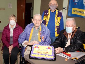 The Pembroke Petawawa Lions Club honoured Petawawa resident Vern Stresman for his 50 years of service to the club at a recent meeting. It was also an early birthday celebration as Stresman will turn 102 on Feb. 23. For the cake cutting he was joined by his niece and nephew Freda and Ron Stresman and club president Dan McGean (standing).