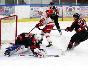 Pembroke Lumber Kings's forward Jesse Kirkby beat Nepean Raiders' goalie Nathan Loisel at the end of the first period Sunday night to get the Kings on the board and cut the Raiders lead in half heading to the dressing room. The Raiders doubled the Kings 6-3.