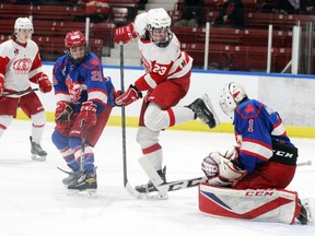 Pembroke Lumber Kings' forward Jace Letourneau looks for the tip in front of Jack McGovern during the final minutes to the game against the Rockland Nationals Feb. 27 at the PMC. McGovern made 29 saves as the Nationals edged Pembroke 2-1.