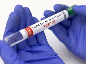 FILE PHOTO: Test tube labelled "COVID-19 Omicron variant test positive" is seen in this illustration picture taken January 15, 2022. REUTERS/Dado Ruvic/Illustration/File Photo