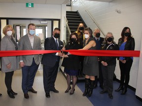 Education Minister Adriana LaGrange, Mayor Bill Daneluik, Black Gold School Division board chair Devonna Klaassen and others took part in a ribbon cutting to officially open the new south wing at École Secondaire Beaumont Composite High School Feb. 10. (Ted Murphy)
