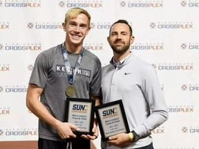 Woodstock's Cole Wilson, left, was named Freshman of the Year and Outstanding Field Athlete of the Year after helping Keiser University finish second at the Sun Conference Indoor Championship this month.