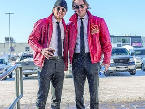 RETRO HOUNDS Saturday night was 80s retro night for Soo Greyhounds. Forward Cole MacKay and defenceman Ryan O'Rourke arrive at the GFL Memorial Gardens prior to their game against the London Knights wearing their retro Soo Greyhound leather jackets popular with Hounds teams in the 1980s. The Hounds split the weekend series with London winning Friday night's contest before dropping Saturday's game. BOB DAVIES