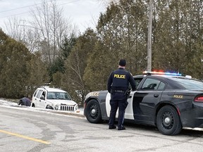 A 36-year-old Enniskillen Township resident was charged with careless driving after a Jeep ended up in the ditch on Tuesday, Feb.  1, 2022 in Enniskillen Township, Ont.  (Terry Bridge/Sarnia Observer)