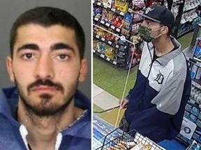 A police booking image of Cody Farrugia of Windsor (left) and a security camera image from a convenience-store robbery in Windsor on May 20, 2021. (Windsor police)