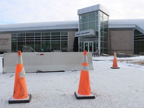 Concrete barriers were placed at the entrance to the Ontario Travel Information Center near the Blue Water Bridge following a demonstration a week ago that closed the crossing's westbound lanes for several hours.