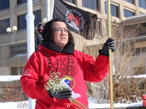 Deborah Munroe, executive director of the Sarnia-Lambton Native Friendship Centre, speaks Feb. 14 2021 during a flag raising at the Sarnia waterfront to remember missing and murdered Aboriginal women from across Canada. A similar flag raising and march is planned Monday.
Paul Morden/The Observer
