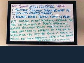 A pro-Russia message was posted on the daily-specials board at The Leaky Tank restaurant in Aamjiwnaang First Nation on Friday, Feb.  25, 2022. (Screenshot)