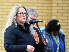 Cassandra Taylor speaks during a vigil for Ukraine amid the Russian invasion at St. George's Ukrainian Catholic church on Sunday, Feb.  27, 2022 in Sarnia, Ont.  Terry Bridge/Sarnia Observer/Postmedia Network