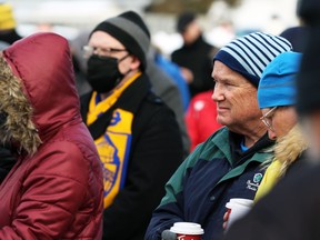 A crowd gathers outside St. George's Ukrainian Catholic church for a vigil for Ukraine amid the Russian invasion on Sunday, Feb.  27, 2022 in Sarnia, Ont.  Terry Bridge/Sarnia Observer/Postmedia Network