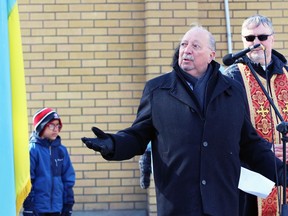 Sarnia-Lambton MPP Bob Bailey speaks during a vigil for Ukraine amid the Russian invasion at St. George's Ukrainian Catholic church on Sunday, Feb.  27, 2022 in Sarnia, Ont.  Terry Bridge/Sarnia Observer/Postmedia Network