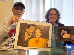 Aime Giroux and Suzanne Pharand show off a painting their grandson Justin created from a 1980 photo of the couple as a present for their 50th wedding anniversary.