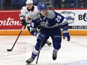 Marc Boudreau, of the Sudbury Wolves, chases after the puck during OHL action against the Niagara IceDogs at the Sudbury Community Arena in Sudbury, Ont. on Friday February 11, 2022. John Lappa/Sudbury Star/Postmedia Network