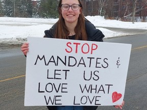 Lo-Ellen Park Secondary student Joey Piotrowski, 17, took part province-wide school walkout in protest of COVID-19 vaccine mandates on Friday. Colleen Romaniuk