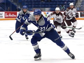 Quentin Musty, of the Sudbury Wolves, breaks to the net during OHL action against the Peterborough Petes at the Sudbury Community Arena in Sudbury, Ont. on Thursday February 17, 2022. John Lappa/Sudbury Star/Postmedia Network