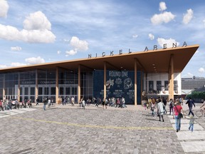 This is what the facade of a revamped Sudbury Arena on Elgin Street could look like. Image courtesy of 3RDLINE STUDIO in Sudbury.