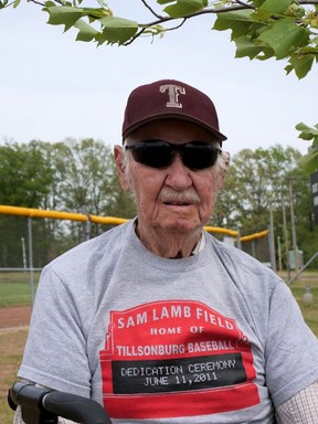 Wearing his 2011 Sam Lamb Field Dedication T-shirt, Sam Lamb was recognized by the Town of Tillsonburg in 2021 with the planting of 16 trees at the park, including the 'official Sam Lamb tulip tree.'  (Chris Abbott/Norfolk and Tillsonburg News)
