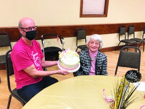 Vulcan resident Margaret Shaw turned 100 on Jan. 26, and on Jan. 29 her family held a birthday celebration for her at the Vulcan Lodge Hall. A dozen people were at the Lodge Hall, including her oldest son, Paul, pictured here, and 25 more attended via Zoom.