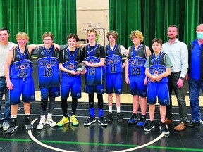 County Central High School senior varsity junior high boys' basketball players with their silver medals from the league playoff tournament, held Feb. 11-12 in Nobleford.