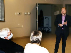 Mayor Tom Pickard addressed attendees during an open house on the proposed cultural centre in February. Resident Dana Severson started a survey on social media and is asking the town to continue engaging with the public on the project.